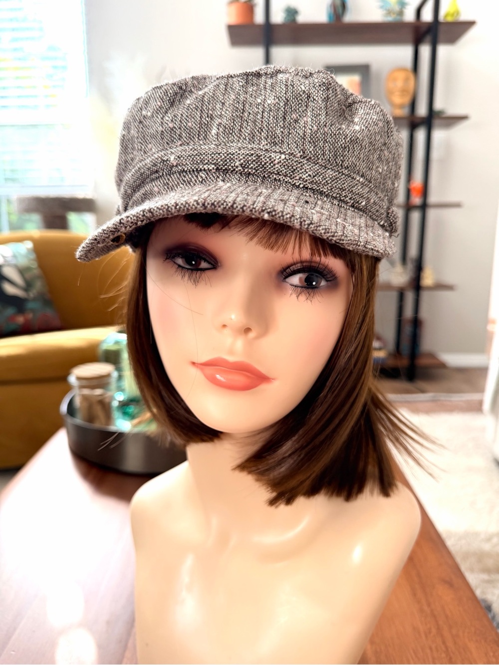 ROXY Wool Blend Tweed Newsboy Cabbie Cap Brown Pink Y2K Skater Hat - Picture 2 of 10